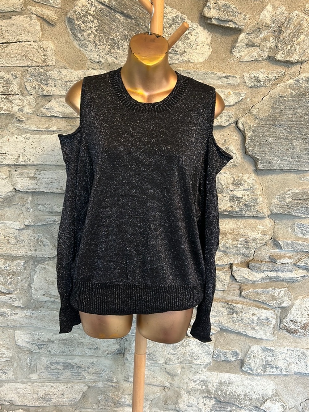 Reitmans Black Metallic Cold-Shoulder Knit Top